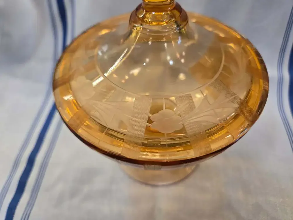 Fenton Grecian Gold Etched Glass Covered Pedestal Candy Dish